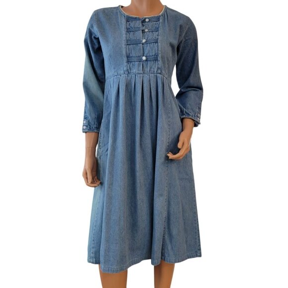 Vintage 80s FADS Womens Size 8 Petite Denim Dress Button Up Lace Pleated Modest - Picture 2 of 16